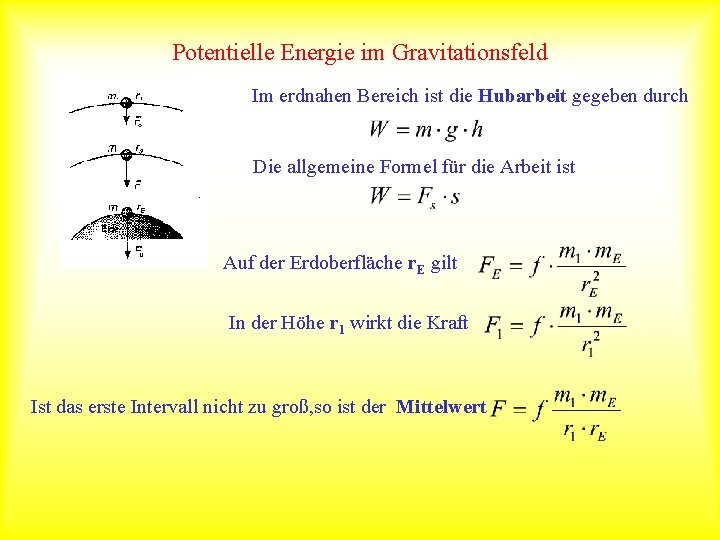 Potentielle Energie im Gravitationsfeld Im erdnahen Bereich ist die Hubarbeit gegeben durch Die allgemeine