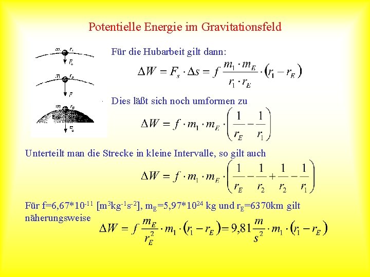 Potentielle Energie im Gravitationsfeld Für die Hubarbeit gilt dann: Dies läßt sich noch umformen