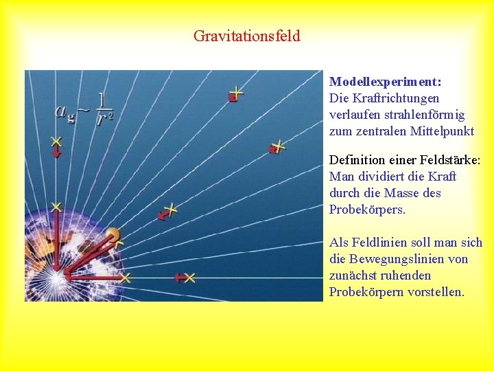 Gravitationsfeld Modellexperiment: Die Kraftrichtungen verlaufen strahlenförmig zum zentralen Mittelpunkt Definition einer Feldstärke: Man dividiert