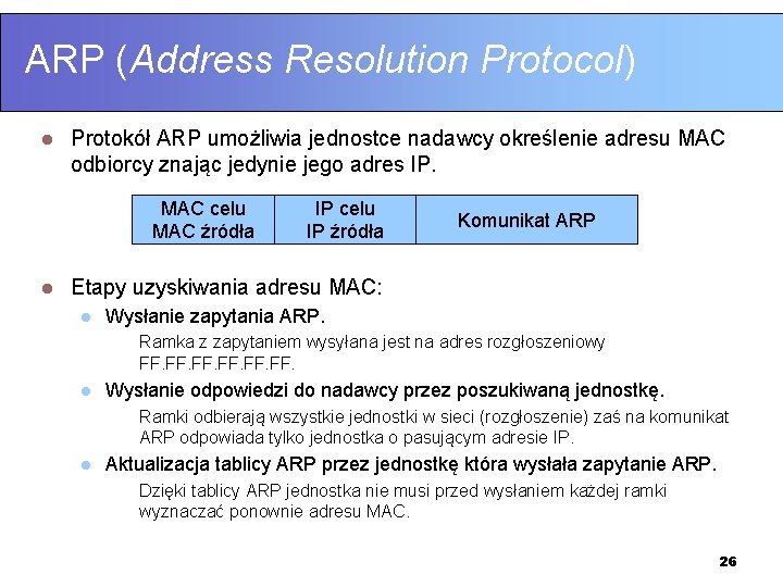 ARP (Address Resolution Protocol) l Protokół ARP umożliwia jednostce nadawcy określenie adresu MAC odbiorcy