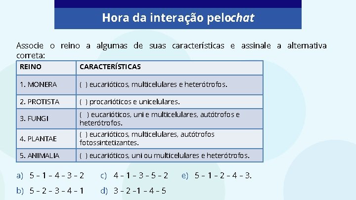 Hora da interação pelochat Associe o reino a algumas de suas características e assinale Hora da interação pelochat Associe o reino a algumas de suas características e assinale