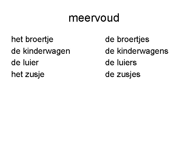 meervoud het broertje de kinderwagen de luier het zusje de broertjes de kinderwagens de