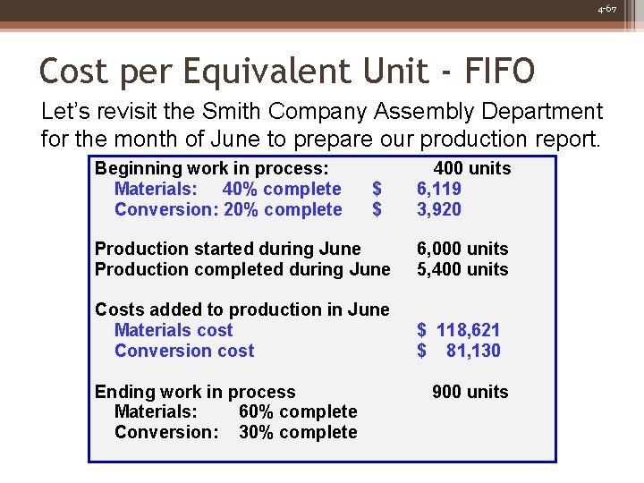 4 -67 Cost per Equivalent Unit - FIFO Let’s revisit the Smith Company Assembly