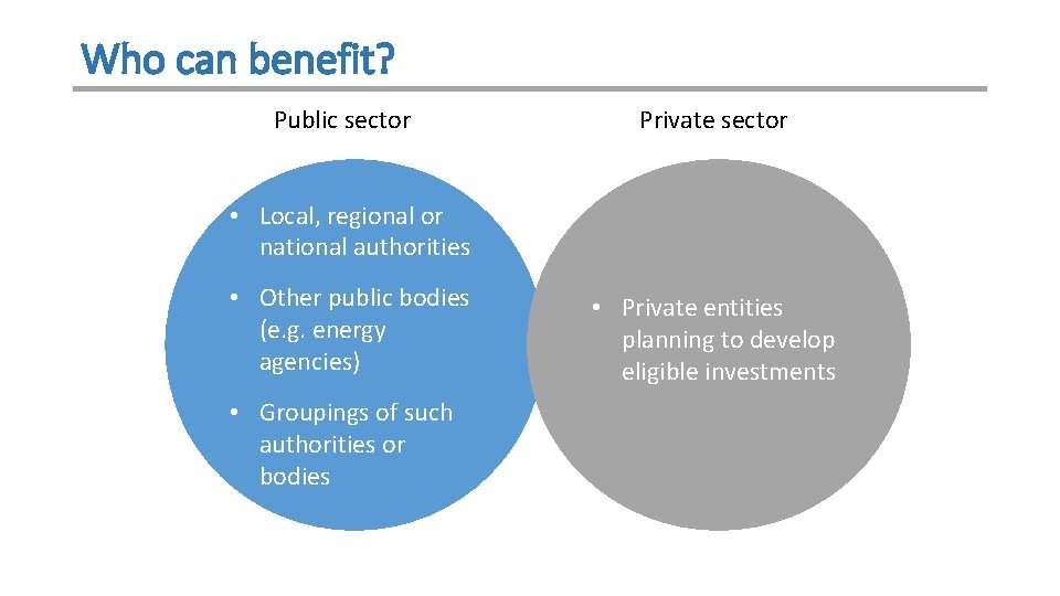 Who can benefit? Public sector Private sector • Local, regional or national authorities • Who can benefit? Public sector Private sector • Local, regional or national authorities •