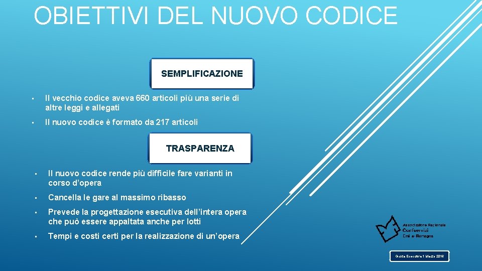 OBIETTIVI DEL NUOVO CODICE SEMPLIFICAZIONE • Il vecchio codice aveva 660 articoli più una