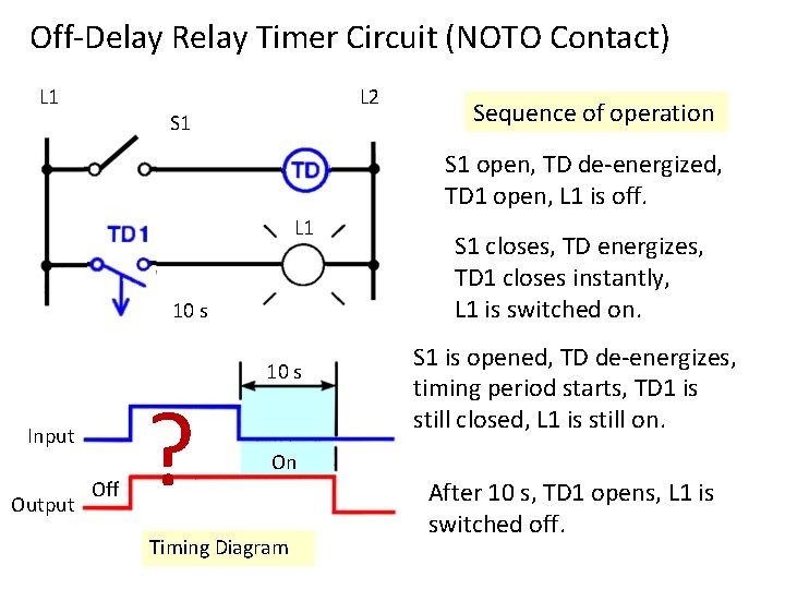 Off-Delay Relay Timer Circuit (NOTO Contact) L 1 L 2 S 1 Sequence of Off-Delay Relay Timer Circuit (NOTO Contact) L 1 L 2 S 1 Sequence of