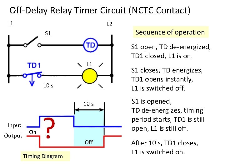 Off-Delay Relay Timer Circuit (NCTC Contact) L 1 L 2 S 1 Sequence of Off-Delay Relay Timer Circuit (NCTC Contact) L 1 L 2 S 1 Sequence of