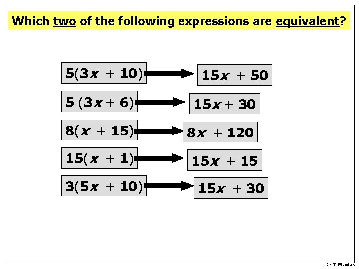 Which two of the following expressions are equivalent? 5(3 x + 10) 15 x