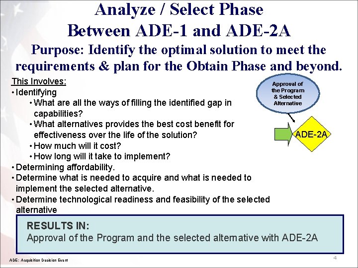 Analyze / Select Phase Between ADE-1 and ADE-2 A Purpose: Identify the optimal solution Analyze / Select Phase Between ADE-1 and ADE-2 A Purpose: Identify the optimal solution