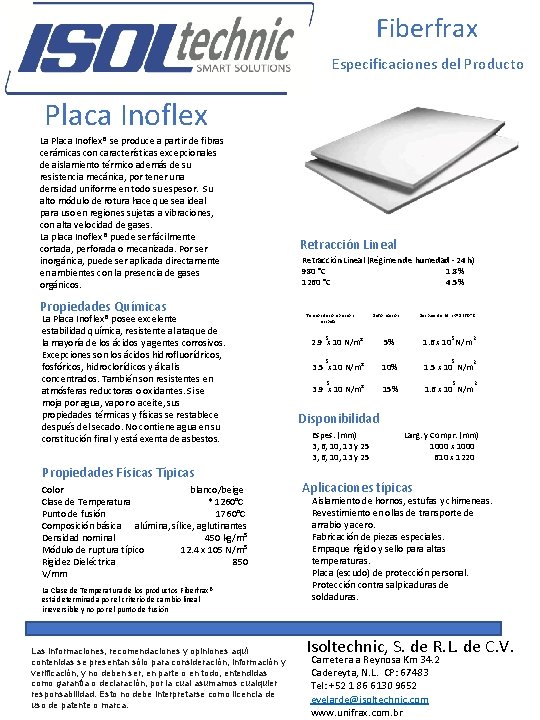 Fiberfrax Especificaciones del Producto Placa Inoflex La Placa Inoflex® se produce a partir de