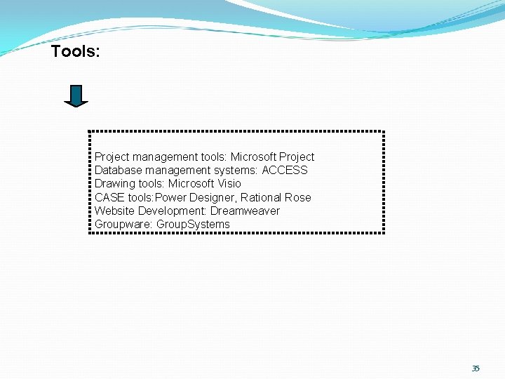 Tools: Project management tools: Microsoft Project Database management systems: ACCESS Drawing tools: Microsoft Visio