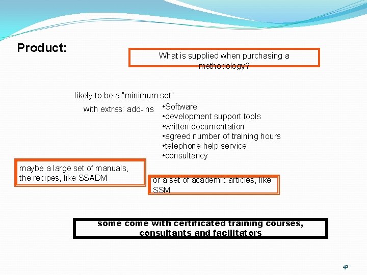 Product: What is supplied when purchasing a methodology? likely to be a “minimum set”