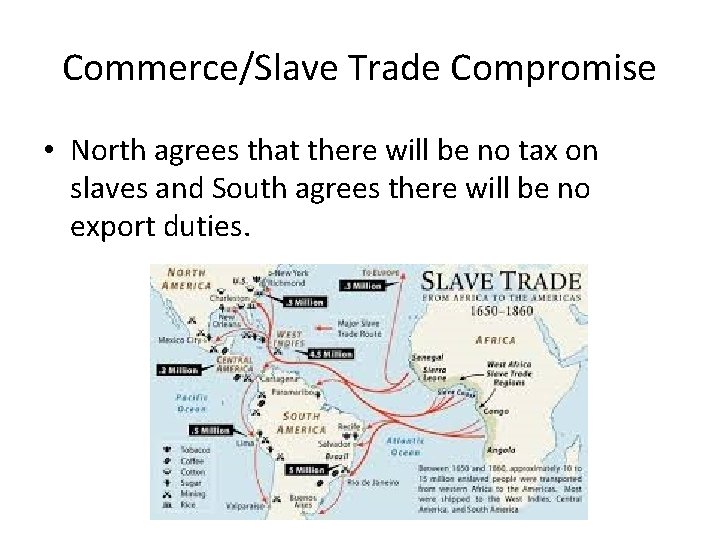 Commerce/Slave Trade Compromise • North agrees that there will be no tax on slaves Commerce/Slave Trade Compromise • North agrees that there will be no tax on slaves