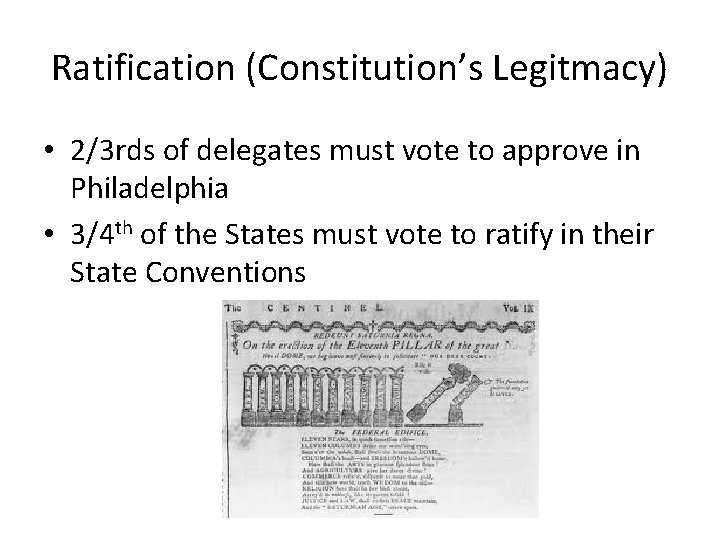 Ratification (Constitution’s Legitmacy) • 2/3 rds of delegates must vote to approve in Philadelphia Ratification (Constitution’s Legitmacy) • 2/3 rds of delegates must vote to approve in Philadelphia
