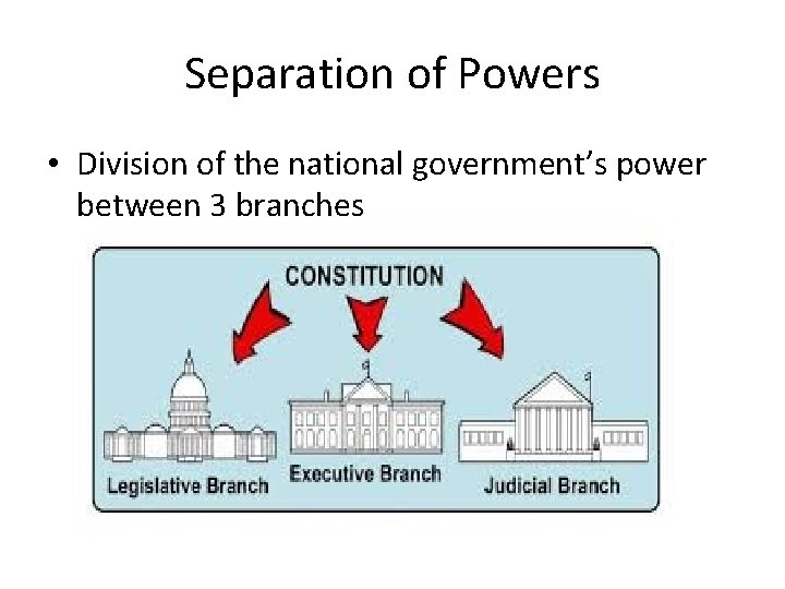 Separation of Powers • Division of the national government’s power between 3 branches Separation of Powers • Division of the national government’s power between 3 branches