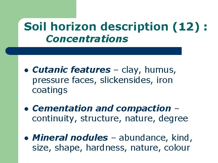 Soil horizon description (12) : Concentrations l Cutanic features – clay, humus, pressure faces,