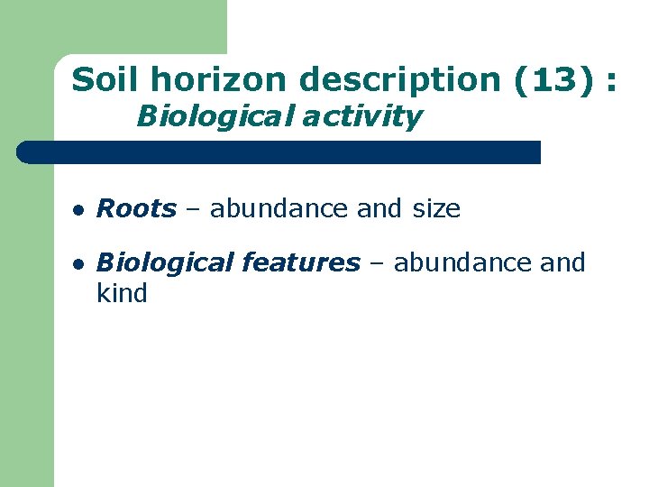 Soil horizon description (13) : Biological activity l Roots – abundance and size l