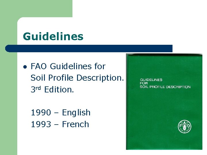 Guidelines l FAO Guidelines for Soil Profile Description. 3 rd Edition. 1990 – English