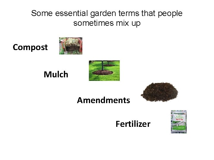 Some essential garden terms that people sometimes mix up Compost Mulch Amendments Fertilizer 