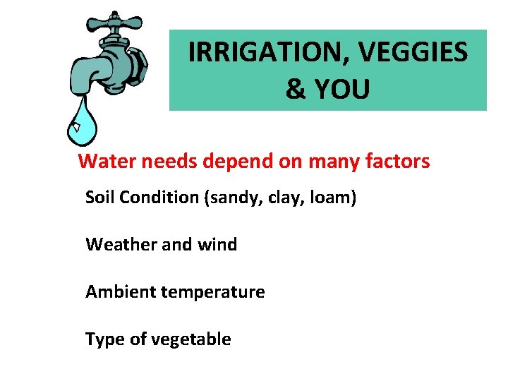 IRRIGATION, VEGGIES & YOU Water needs depend on many factors Soil Condition (sandy, clay,