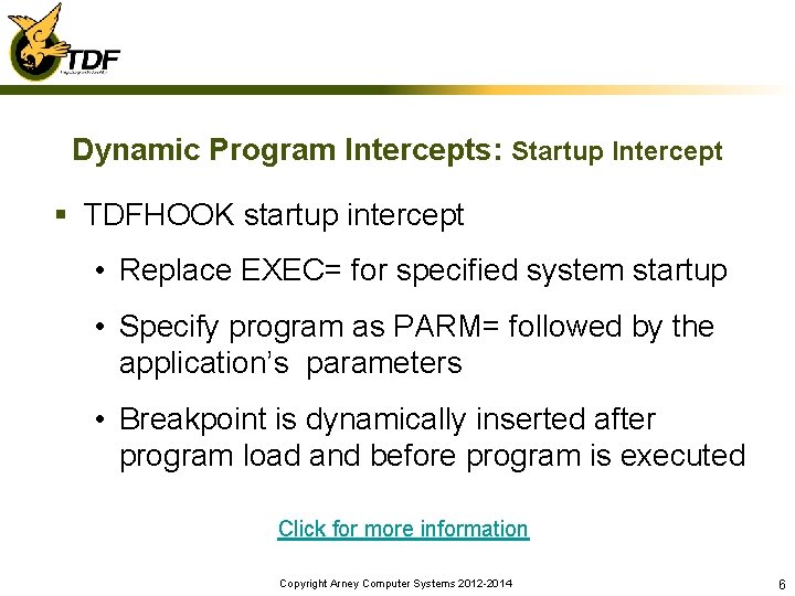 Dynamic Program Intercepts: Startup Intercept § TDFHOOK startup intercept • Replace EXEC= for specified