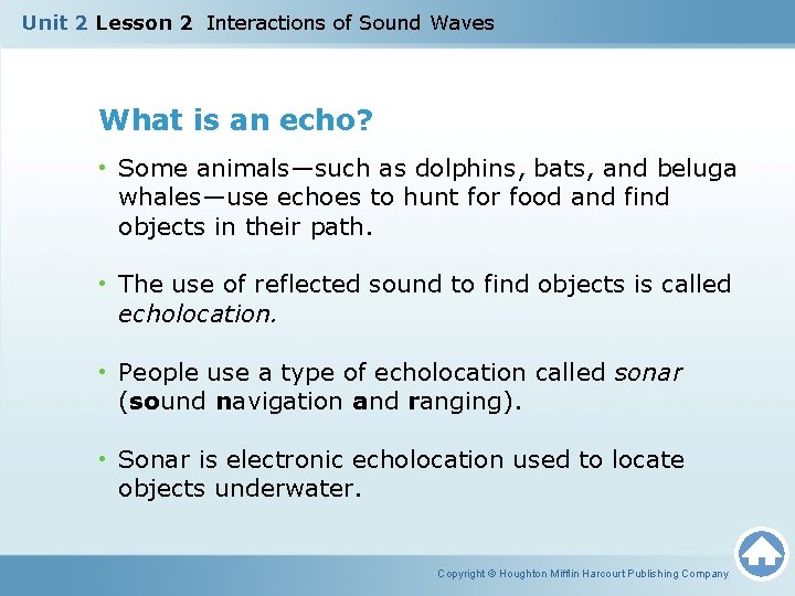 Unit 2 Lesson 2 Interactions of Sound Waves What is an echo? • Some