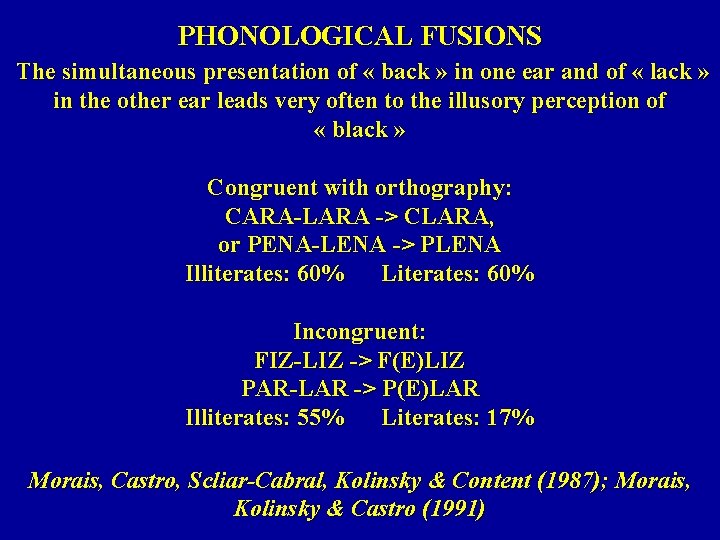 PHONOLOGICAL FUSIONS The simultaneous presentation of « back » in one ear and of