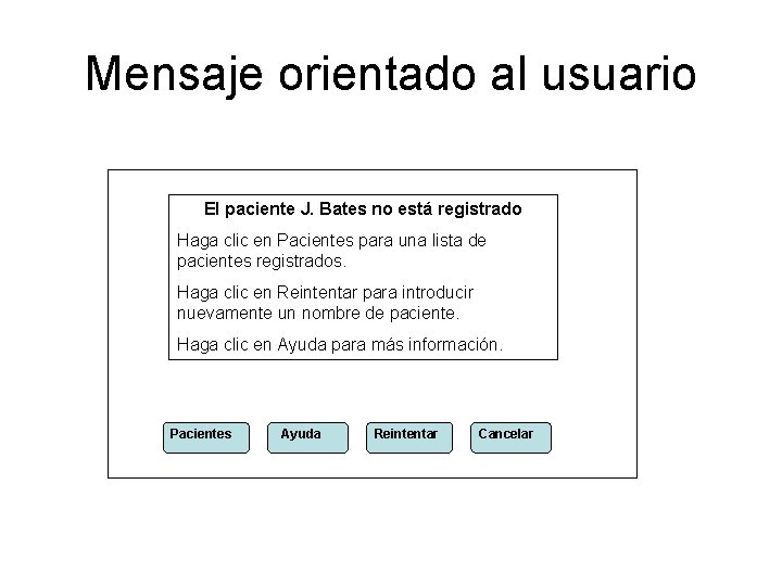 Mensaje orientado al usuario El paciente J. Bates no está registrado Haga clic en