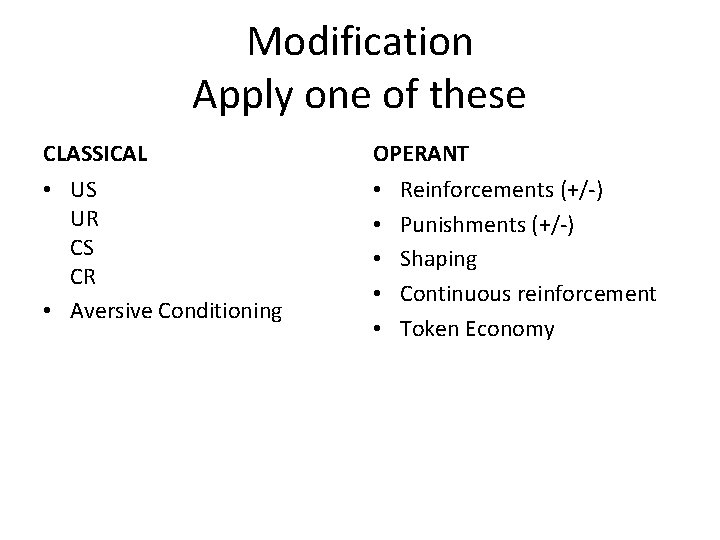 Modification Apply one of these CLASSICAL OPERANT • US UR CS CR • Aversive