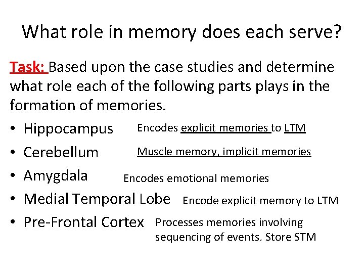 What role in memory does each serve? Task: Based upon the case studies and