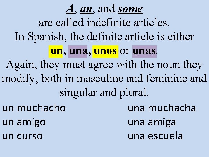 A, and some are called indefinite articles. In Spanish, the definite article is either