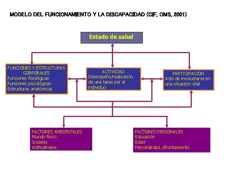 MODELO DEL FUNCIONAMIENTO Y LA DISCAPACIDAD (CIF, OMS, 2001) Estado de salud FUNCIONES Y