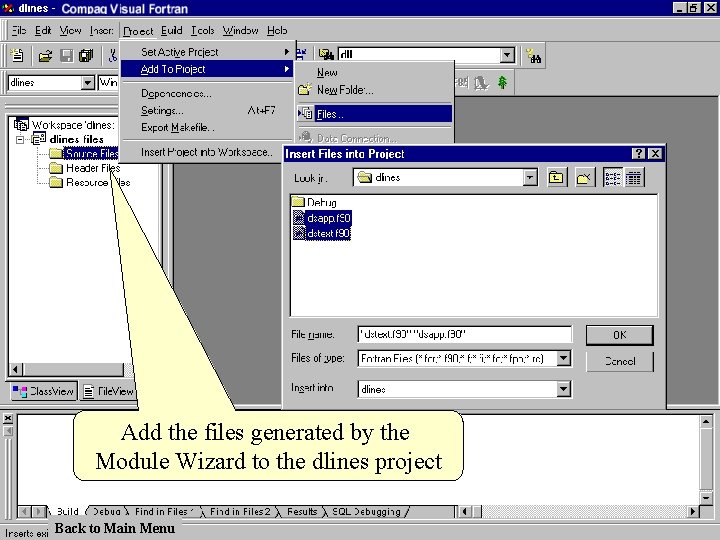 Add the files generated by the Module Wizard to the dlines project Back to