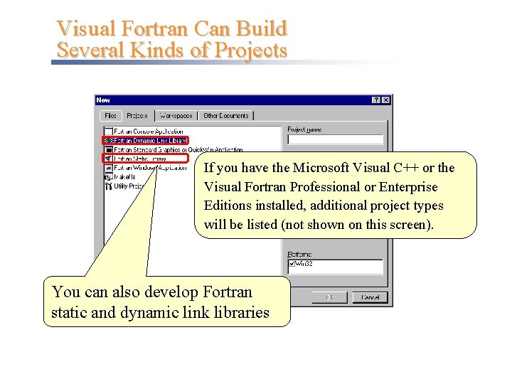 Visual Fortran Can Build Several Kinds of Projects If you have the Microsoft Visual