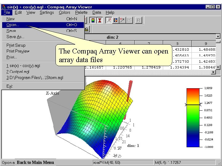 The Compaq Array Viewer can open array data files Back to Main Menu 