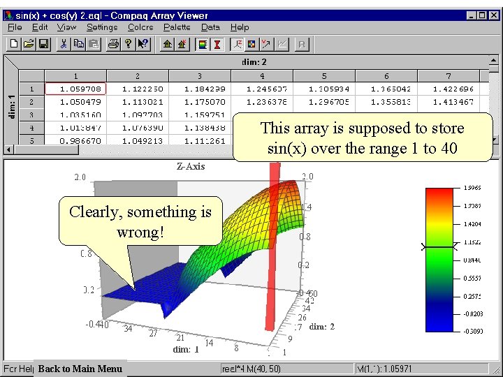 This array is supposed to store sin(x) over the range 1 to 40 Clearly,