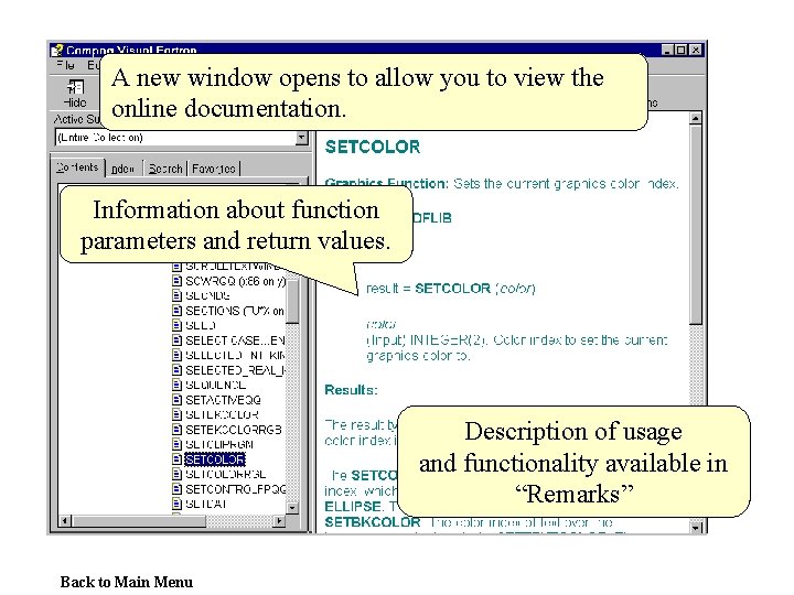 A new window opens to allow you to view the online documentation. Information about