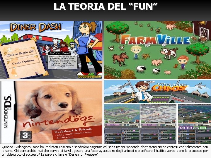 LA TEORIA DEL “FUN” Quando i videogiochi sono bel realizzati riescono a soddisfare esigenze LA TEORIA DEL “FUN” Quando i videogiochi sono bel realizzati riescono a soddisfare esigenze