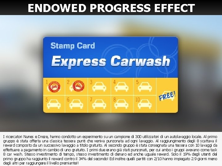 ENDOWED PROGRESS EFFECT I ricercatori Nunes e Dreze, hanno condotto un esperimento su un ENDOWED PROGRESS EFFECT I ricercatori Nunes e Dreze, hanno condotto un esperimento su un