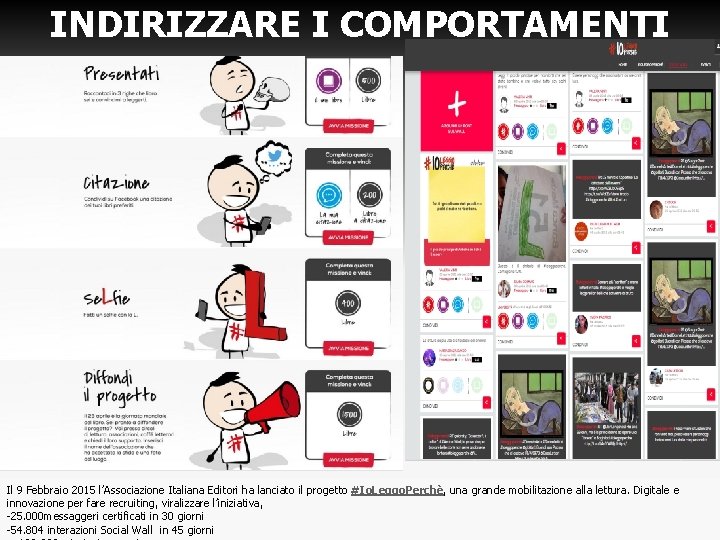 INDIRIZZARE I COMPORTAMENTI Il 9 Febbraio 2015 l’Associazione Italiana Editori ha lanciato il progetto INDIRIZZARE I COMPORTAMENTI Il 9 Febbraio 2015 l’Associazione Italiana Editori ha lanciato il progetto