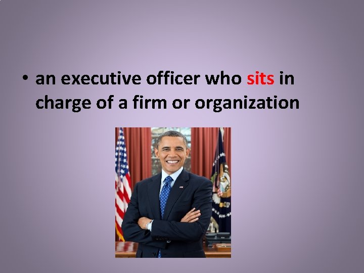  • an executive officer who sits in charge of a firm or organization