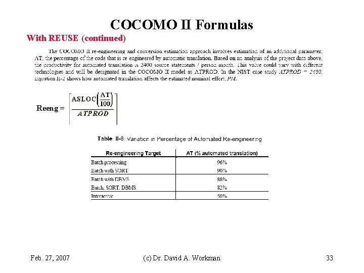 COCOMO II Formulas With REUSE (continued) Reeng = Feb. 27, 2007 (c) Dr. David