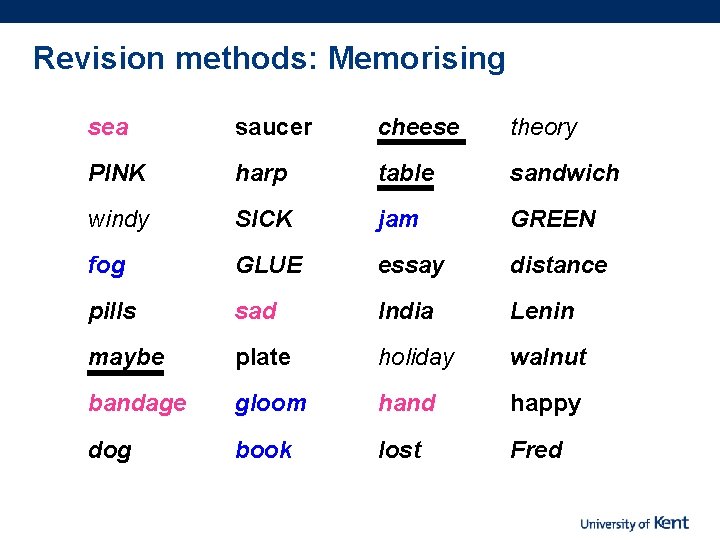 Revision methods: Memorising sea saucer cheese theory PINK harp table sandwich windy SICK jam