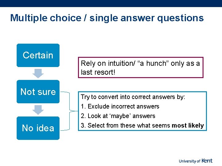 Multiple choice / single answer questions Certain Not sure Rely on intuition/ “a hunch”