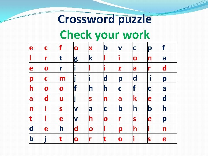 Crossword puzzle Check your work e l e p h a n t d