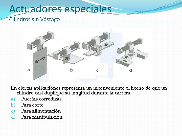 Actuadores especiales Cilindros sin Vástago En ciertas aplicaciones representa un inconveniente el hecho de