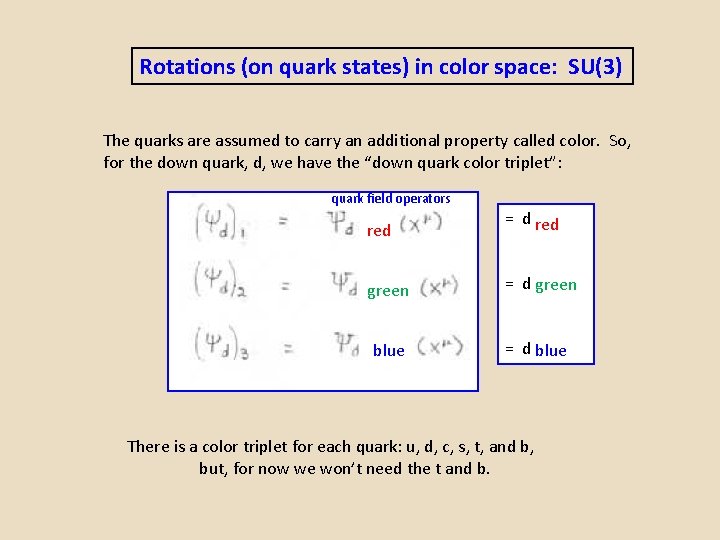 Rotations (on quark states) in color space: SU(3) The quarks are assumed to carry