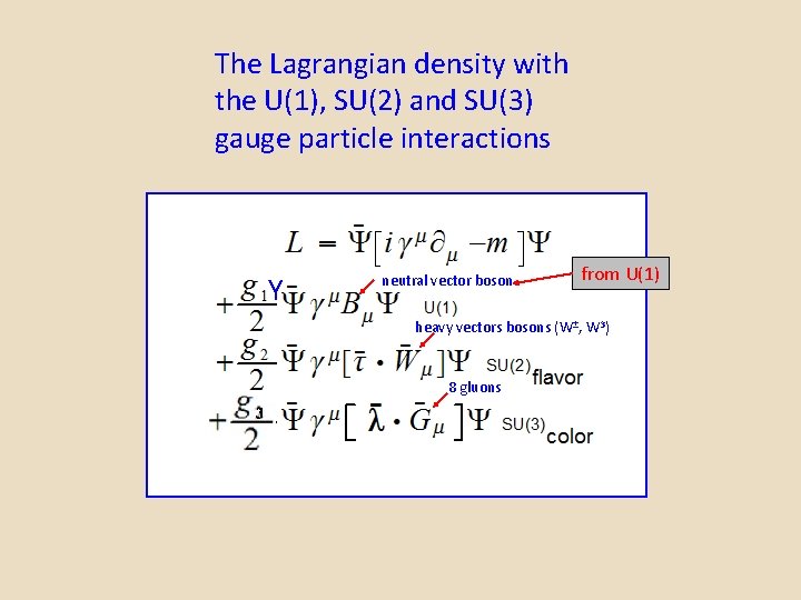 The Lagrangian density with the U(1), SU(2) and SU(3) gauge particle interactions Y neutral