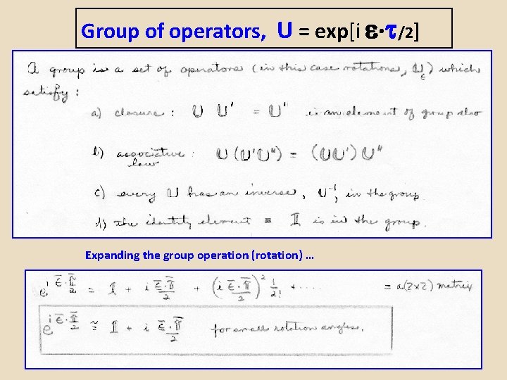 Group of operators, U = exp[i /2] Expanding the group operation (rotation) … 