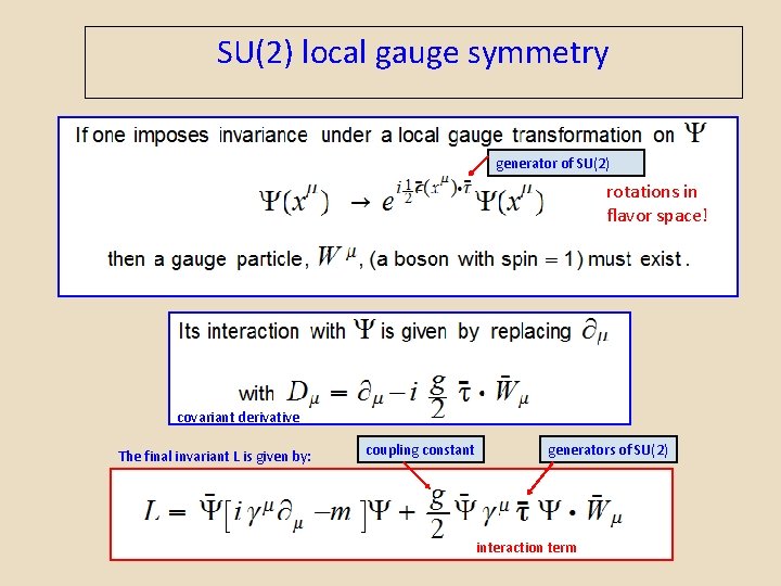 SU(2) local gauge symmetry generator of SU(2) rotations in flavor space! covariant derivative The